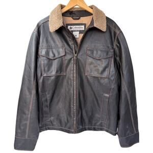 Columbia Leather Jacket Mens Large Brown Sherpa Lined Full Zip Coat
